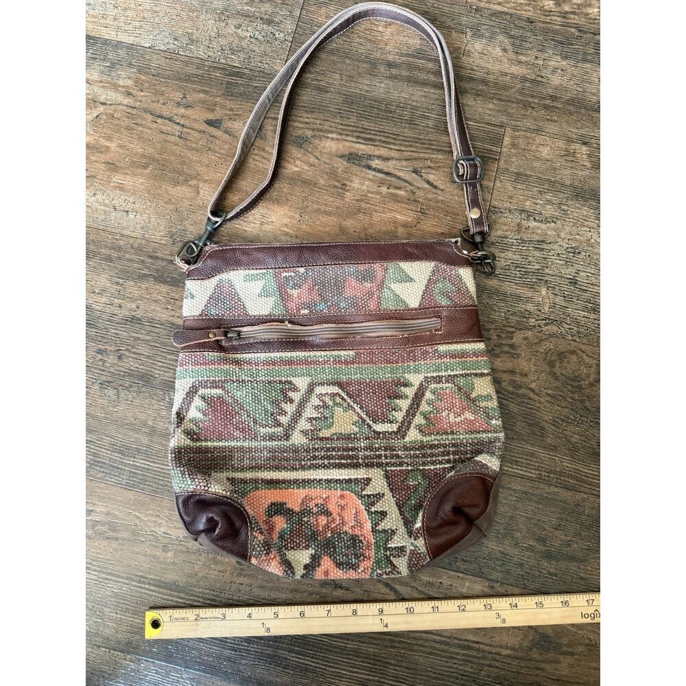 Myra Bag Crossbody Purse Aztec Southwestern Caramel Burst Leather Accent
